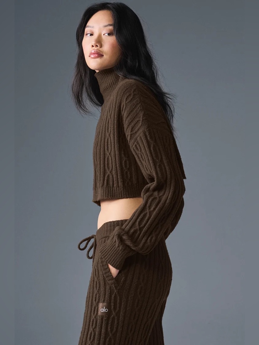 ALO YOGA Cable Knit Cropped Winter Bliss Turtleneck Long Sleeve size small - Picture 4 of 9